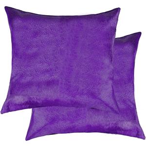 Natural Torino Cowhide Throw Pillows with Poly Insert | Accent Pillows Handcrafted from 100% Cow Hide, Purple, Set of 2, 18 in x 18 in