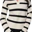 Verdusa Women's Striped Pullover Sweater Old Money Knit Tops Collared V Neck Jumpers Spring Fall Clothes (L)