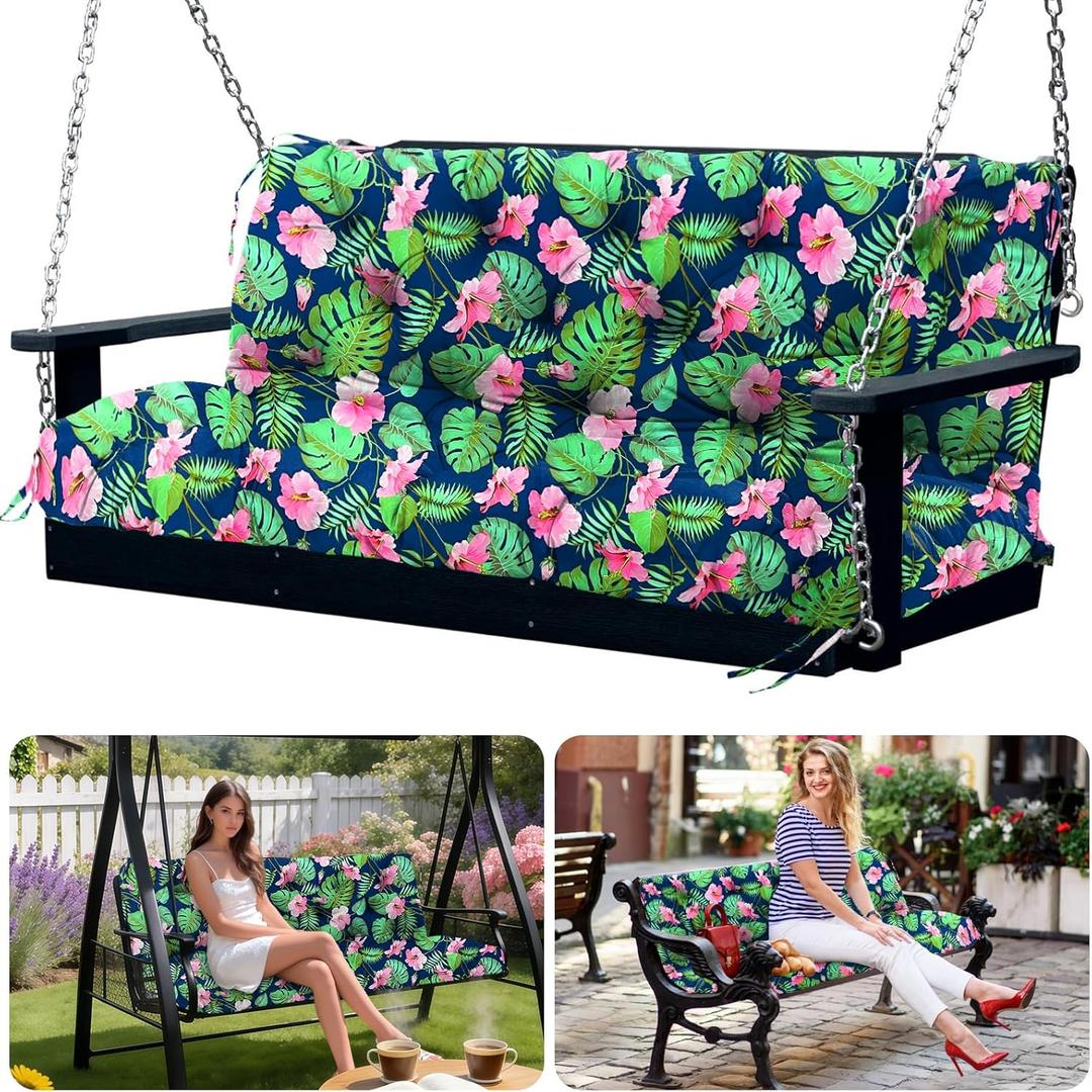 Porch Swing Cushions 3 Seater Replacement Thicken 5" Waterproof & Fade Resistant Swing Cushions for Outdoor Furniture Bench Patio Swing Cushion with Backrest & Ties (Navy Floral 60x40x5inch)