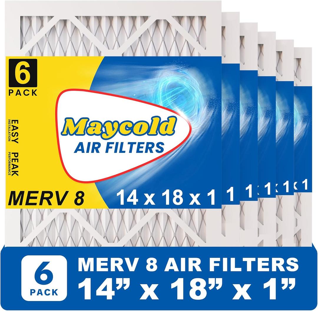Maycold MERV 8 14x18x1 Furnace Air Filters (6-Pack), Pleated HVAC AC Filters  Actual Size: 13.70 x 17.70 x 0.75, For Residential or Office Use, Individually Wrapped in Plastic