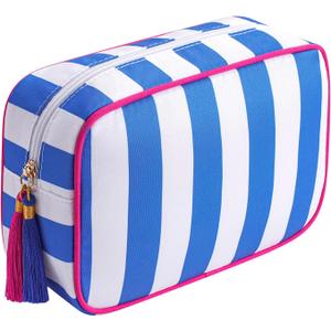 Large Striped Zipper Makeup Bag, Aesthetic Tassel Travel Cosmetic Bag, Coquette Toiletry Bag, Cute Girls Handbags Purses, Preppy Accessories Storage Bag for Women Girls (08 Dark Blue)