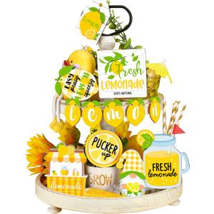Yalikop 11 Pieces Lemon Tiered Tray Decor Set Gnome Fresh Lemonade Wooden Sign Yellow Lemon Wood Blocks Standing Sign Summer Tray Decor for Home Summer Kitchen Table Decoration(Lemon Style)