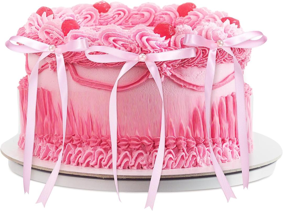Riceshoot 6 Pcs Pink Bow Ribbon and Pearl Cake Topper, 5x7 Vintage Cupcake Decorating for Coquette Themed Party, Bridal Party Decoration, Birthday Valentine Candle Accessory, Engagement Dessert Decor