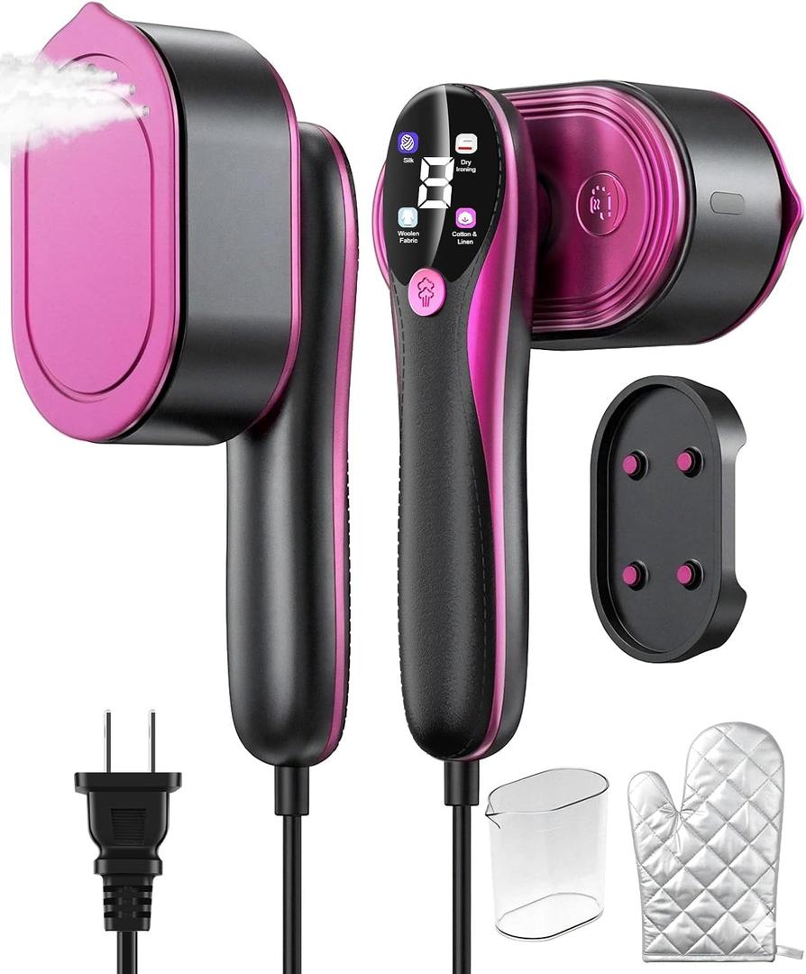 Travel Garment Steamer for Clothes with LED Display, 1200W Portable Handheld Steamer Iron 2 In 1, 10s Fast Heat Up, Large Ceramic Heat Panel, All-Fabric Quick Wrinkle Remover