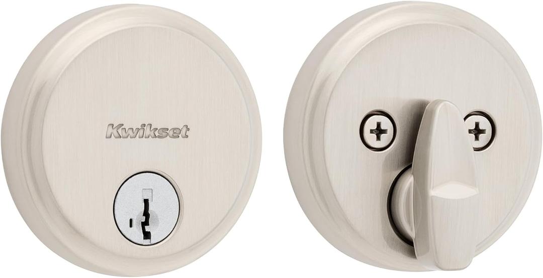 Kwikset Hometown Deadbolt Lock, Satin Nickel, Round Exterior Keyed Front Entry Door, Pick Resistant SmartKey Rekey Security, Single Cylinder Dead Bolt Door Lock, with Microban Protection