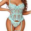 Avidlove Lingerie for Women Lace Corset and Panty Outfits Garter Lingerie Sets  (Large, Light Green)
