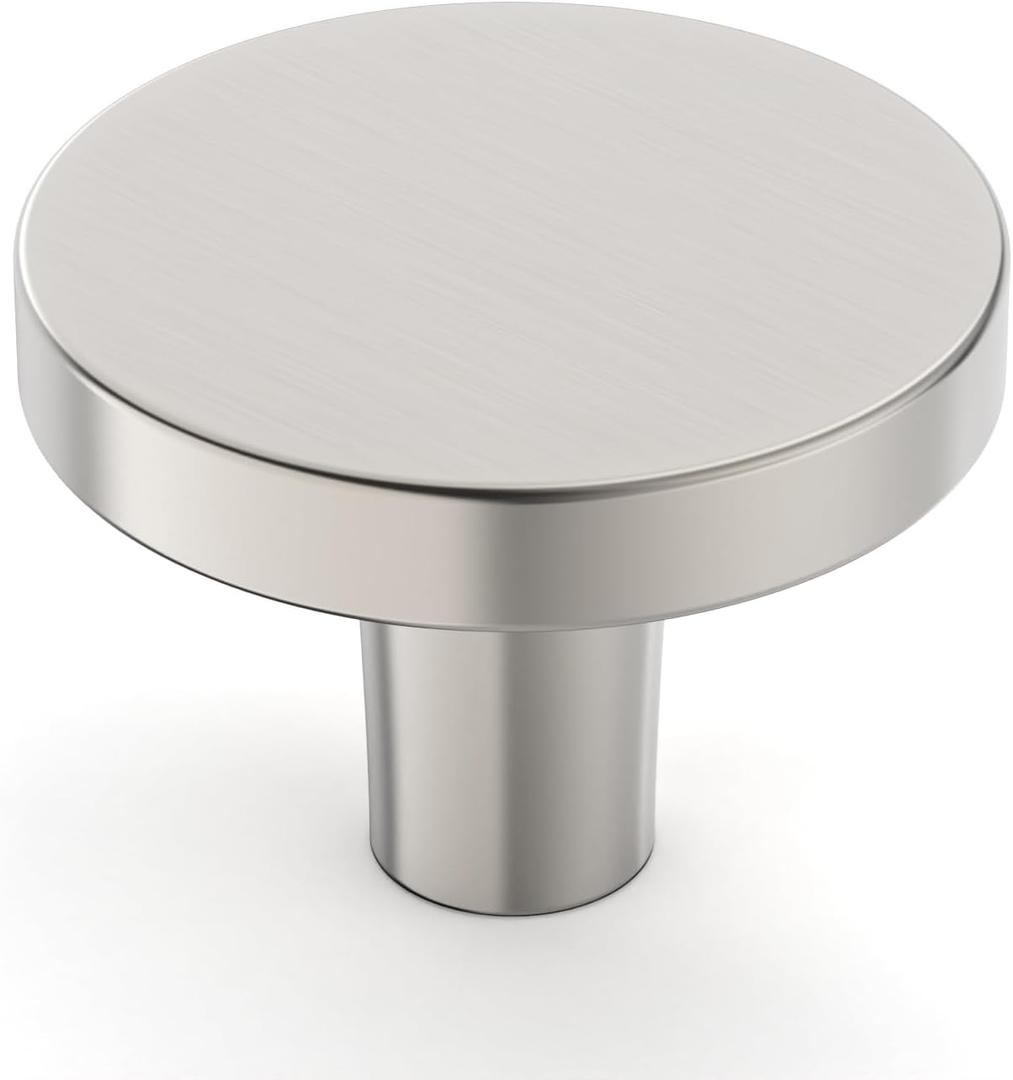 Amerdeco 10 Pack Brushed Satin Nickel Cabinet Knobs Single Hole Cabinet Pulls 1 Inch (30MM) Diameter Round Drawer Knobs and Pulls for Bathroom Cabinets K0021