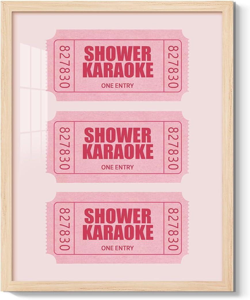 Funny Bathroom Wall Art Pink Shower Karaoke Ticket Canvas Poster Trendy Retro Girly Bathroom Art Decor Shower Singing Aesthetic Picture for Preppy Dorm Washroom Restroom Decoration, 8x10 Inch Framed (10L" x 8W")