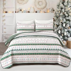 Dinjoy Christmas Quilt Set King Size, Green White Snowflake Christmas Tree Holiday Quilt Bedding Set Xmas New Year Bedspread Soft Microfiber 3 Pieces Coverlet for Kid Adult 104"x90" New Year Gift