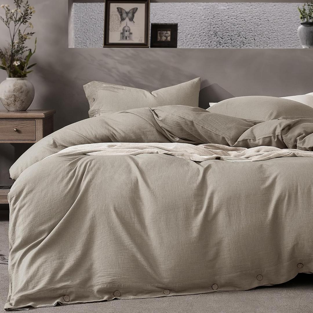 JELLYMONI Cotton Duvet Cover Queen Size - Taupe Comforter Cover with Button 100% Washed Cotton 3PCS Breathable Soft Solid Bedding Set Duvet Cover 9090in & 2 Pillowcases (NO Comforter)