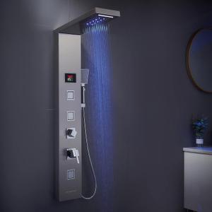 LED Shower Panel, 5-in-1 Shower Tower System, Rainfall & Waterfall Shower Head, Massage Jets, Tub Spout, Handheld Shower (Brushed)
