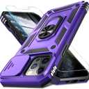 Janmitta Case for iPhone 16 Phone Cover Built in Slide Camera Lens Cover+Screen Protector,Heavy Duty Shockproof Full Body PhoneCase with Finger Ring Holder Kickstand,Purple