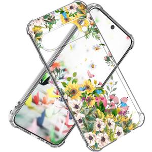 for Google Pixel 9 Pro Case Camera Lens Protector, [Marble Slim]+[Anti-Drop Shockproof Protective] Soft TPU Women Stylish Pixel 9Pro Phone Covers 2024 6.34 Inch (Flowers Sea)