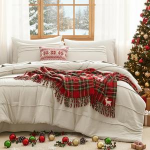 CozyLux Comforter Set Queen Size, Beige 7 Pieces Soft Pinch Pleat Bed in a Bag Queen Comforter Set with Sheets, Boho Bed Set with Down Alternative Comforter, Sheets, Pillowcases & Shams