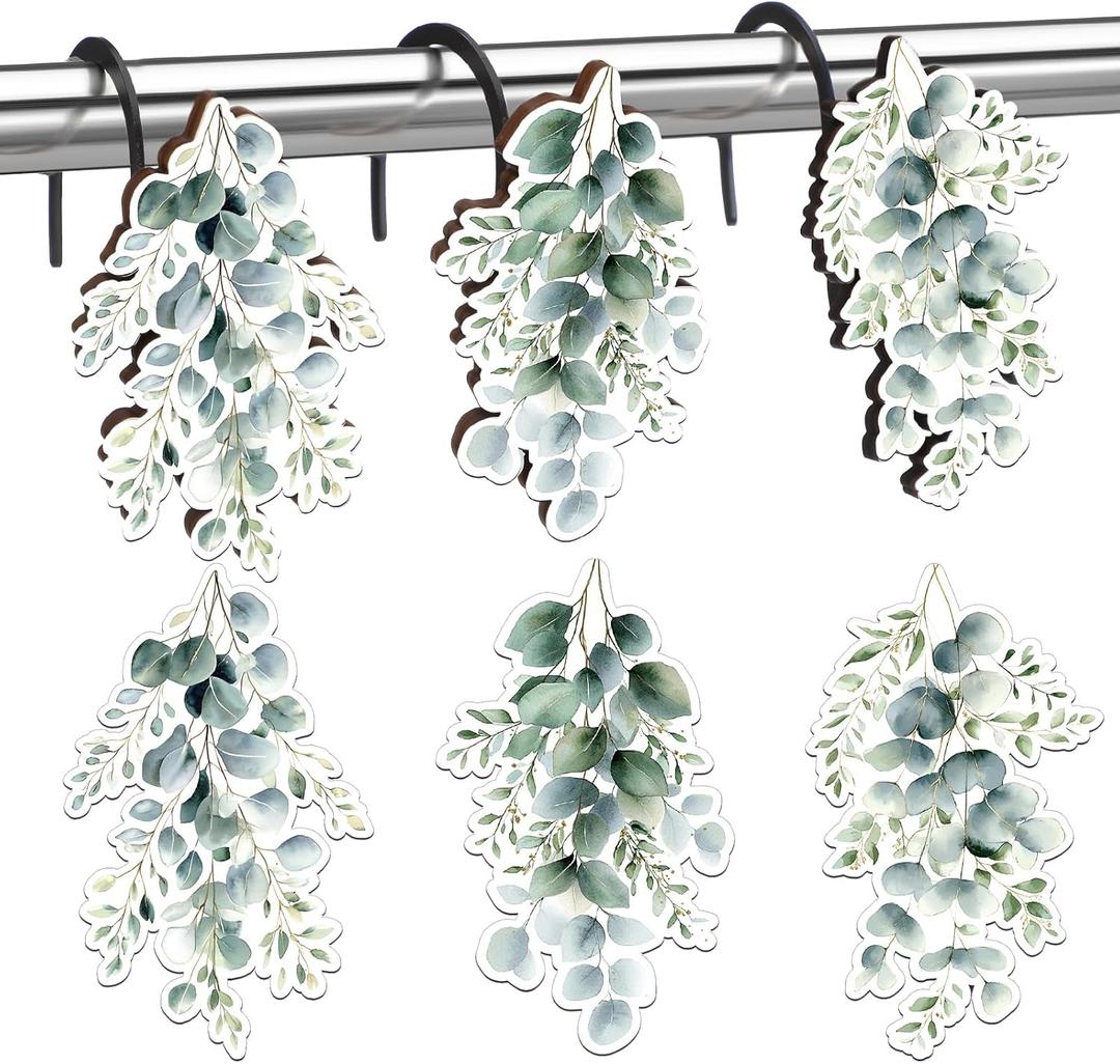 Sawysine 12 Pcs Sage Green Eucalyptus Shower Curtain Hooks Set Wood Decorative Eucalyptus Leaf Bathroom Accessories Decor Botanical Shower Curtain Hangers for Bathroom Bedroom Living Room