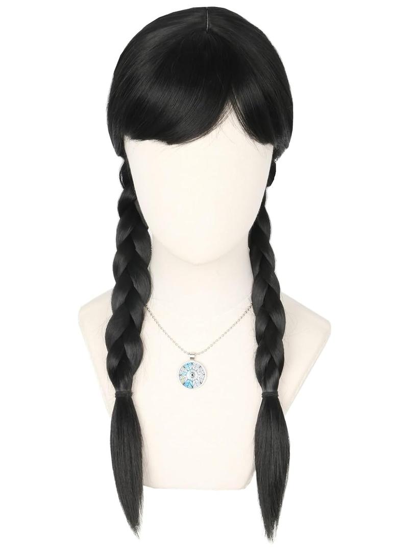 Kids Girls Wednesday Wig Black Long Straight With 2 Braids Halloween Costume Wigs