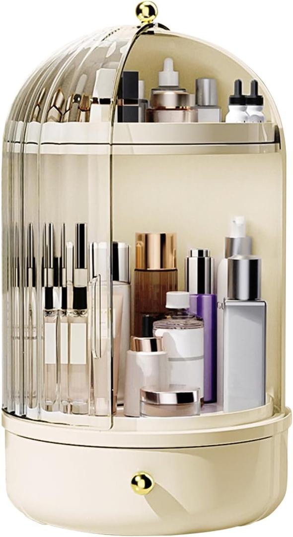 DASITON Makeup Organizer Countertop,360° Rotating Makeup Storage Organizer with Cover and Drawer, Waterproof Cosmetics Display Case, Large Capacity Skincare Organizers for Vanity, Desktop, Bathroom (Cream)
