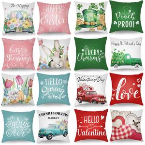 16 Pcs Hello Spring Pillow Covers 18 x 18 Inch Easter Holiday Spring Seasonal Throw Pillow Covers Flower Truck Bunny Cushion Pillowcase for Home Sofa Decor