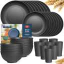 Teivio 32-Piece Kitchen Plastic Wheat Straw Dinnerware Set, Service for 8, Unbreakable Modern Dish Set - Dinner Plate/Dessert Plate/Cereal Bowl/Cup, for Apartment Essentials, Outdoor Camping,Black