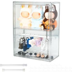 Clear Doll Display Case Compatible with Labubu- 2 Tier Organizer for 7 Inch Dolls & Clothes, Includes 20 Mini Hangers & 2 Rods | Doll Wardrobe Shelf