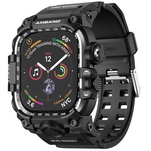 amBand Rugged Case with Band for Apple Watch 44mm, Compatible with iWatch Series SE 3/SE 2nd Generation/SE/6/5/4, Military Grade Shockproof Bumper Cover, Tactical Band for Men, Matte Black
