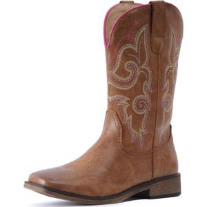 IUV Cowboy Boots For Women Square Toe Wide Western Boots Mid Calf Cowgirl Boots Pull On Fashion Embroidered Cowboy Boots (6, Light Brown)