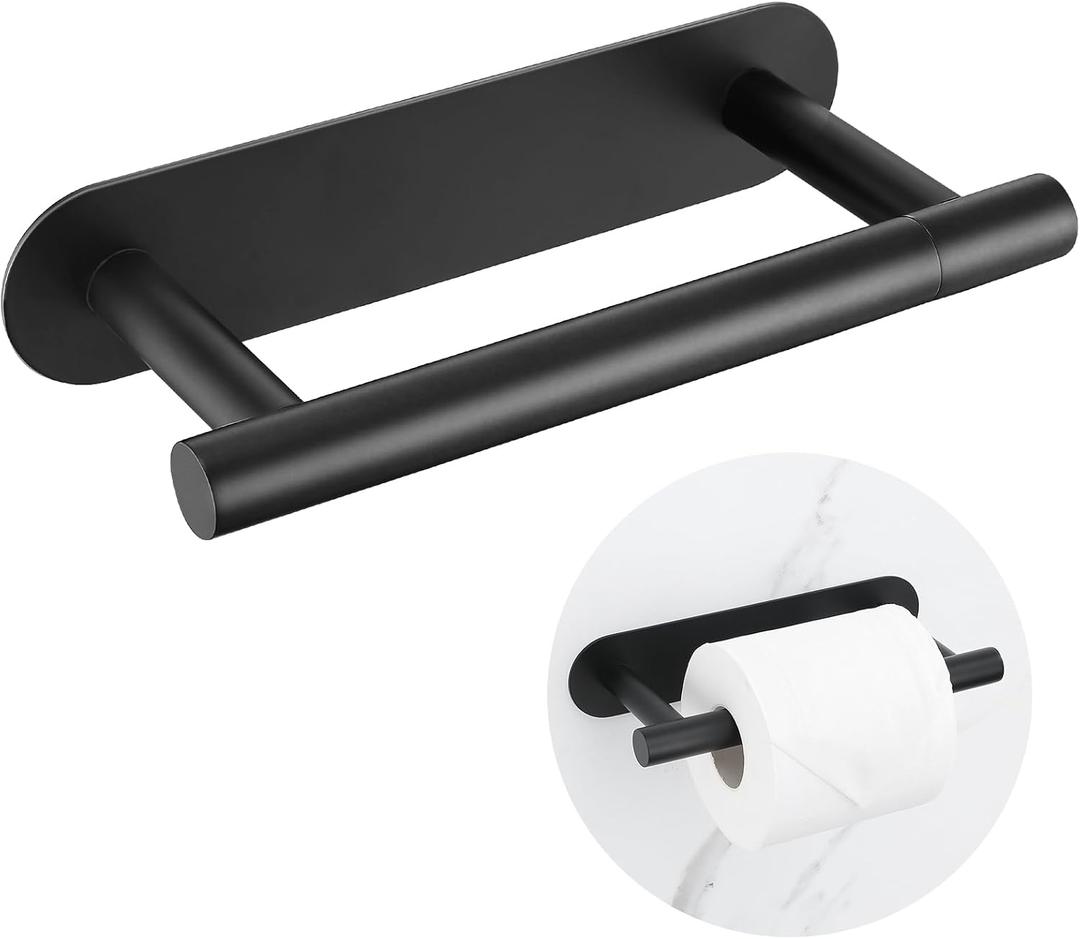 Self Adhesive Matte Black Toilet Paper Holder, SUS304 Stainless Steel Toilet Roll Holder, Double Base Paper Towel Holder Wall Mount No Drilling for Bathroom, Kitchen, Washroom
