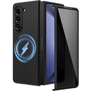 Ruky Magnetic Case for Z Fold 5, with Privacy Screen Protector, Z Fold 5 Slim Case [Compatible with MagSafe], Ultra-Thin Protective Full Body Phone Cover for Samsung Galaxy Z Fold 5 5G, Carbon Fiber