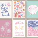 Pink Beach Preppy Wall Art Coastal Granddaughter Aesthetic Room Canvas Posters Colorful Coastal Seashell Pictures Prints Abstract Beach Painting Wall Decor for Girls Room Girls Dorm Home Unframed