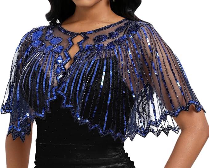 Women's 1920s Sequin Shawl Wraps Fringe Capelet Shawls Gatsby Accessories for Harlem Night, Standard size