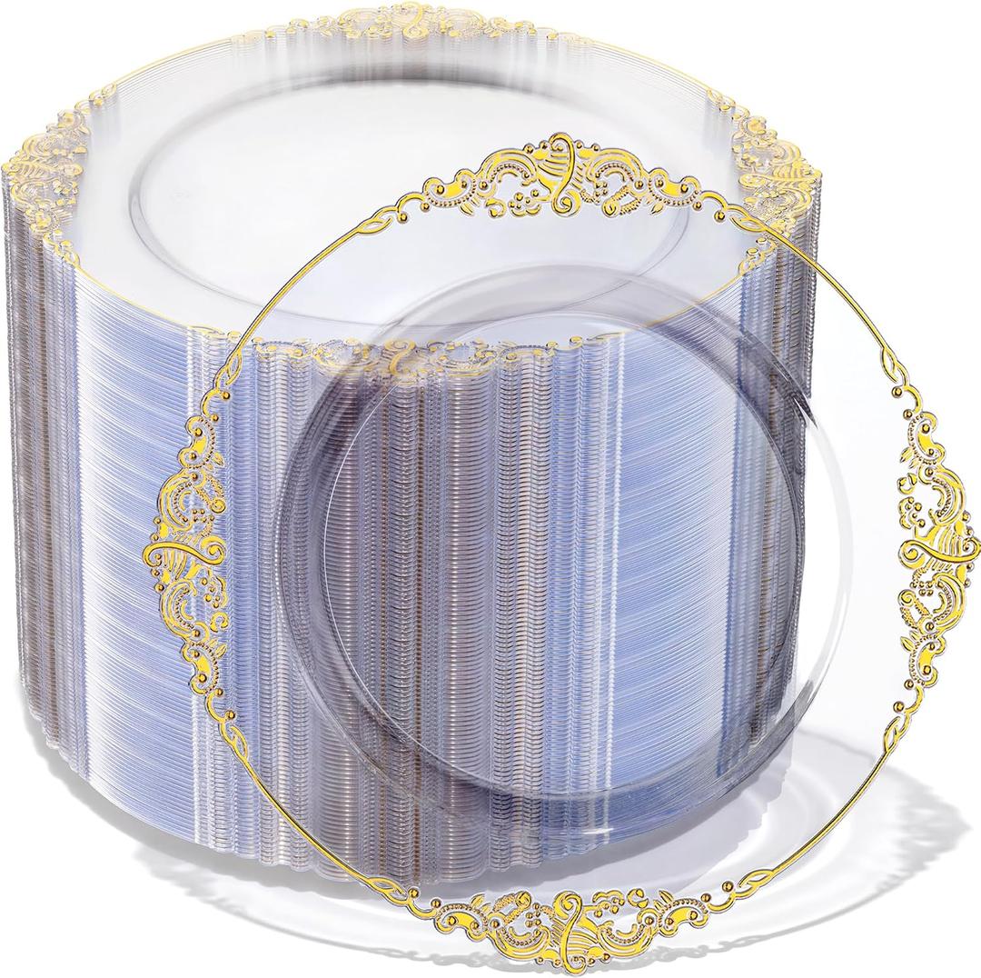 Morejoy 100 Pieces Gold Plastic Plates - Clear Gold Disposable Plates - 10.25inch Clear Plastic Dinner Plates With Gold Rim for Weddings & Parties & Shower