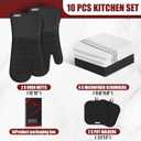 Oven Mitts and Pot Holder Sets with Silicone Grip, 500F Heat Resistant-6 Pack Dishcloth/Dish Towels for Kitchen 100% Cotton-Value Kitchen Essentials for Cooking, Baking, Grilling-Black