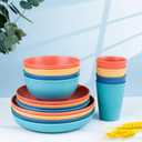 LIYH 32 Pcs Wheat Straw Dinnerware Sets - Plastic Plates and Bowls Set,Reusable Plastic Plates,Dishes Set for 8,Unbreakable & Dishwasher Dinnerware Stes,Thanksgiving Halloween Fall Decor (Yellow Orange Blue Nave Blue)