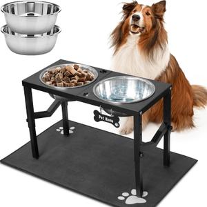 Elevated Dog Bowls, 4 Height Adjustable Metal Raised Bowl Stand with 2 Large 111 oz Stainless Steel Food Bowls & Spill-Proof Mat, Adjusts to 16.2'', 14.4'', 12.6'', 10.8'' for Large/Extra Large Breeds (Black)