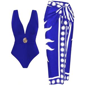 SherryDC One Piece Swimsuit with Cover up Wrap Skirt Sarong Floral Print Plunge V Neck Bathing Suit for Women (X-Large, 151-blue)