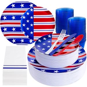 Festiva 175Pcs 4th of July Plates & Red White Blue Disposable Plastic Silverware &Clear Blue Cups-American Flag Patriotic Party Supplies for,4th of July,Veterans Day&Memorial Day (25 Guests)