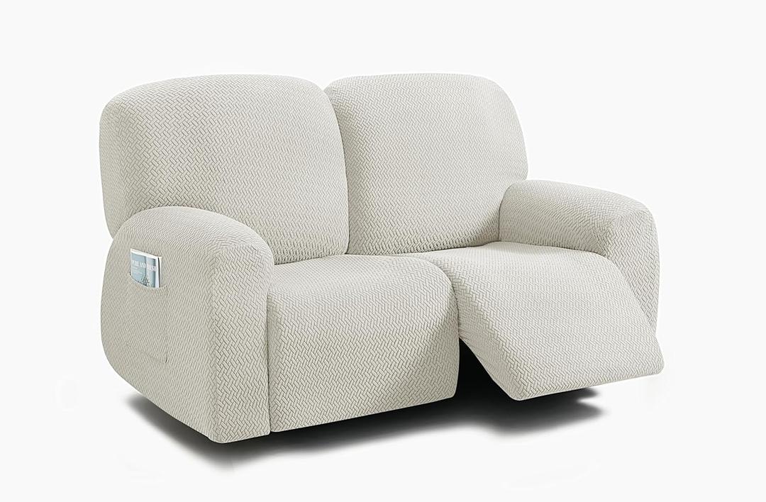 ULTICOR Reclining Loveseat Slipcover, 48" - 65" L, 6-Piece Jacquared Stretch Loveseat Reclining Sofa Covers, 2 seat Loveseat Recliner Cover, Thick, Soft, Washable (Style 3) (Ivory)
