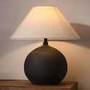 Rustic Round Black Ceramic Table Lamp 17.7'' Tall Farmhouse Black Crock Pot Desk Lamp Body with Tapered Fabric Shade Bedside Lamp for Living Room Bedroom House Office Entryway