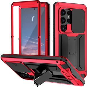 Samsung S24 Plus Metal Case with Screen Protector Camera Cover Kickstand S24 Plus Slide Camera Cover Full-Body Rugged Durable Military Aluminium Heavy Duty Dustproof Drop Case for Man (Red)