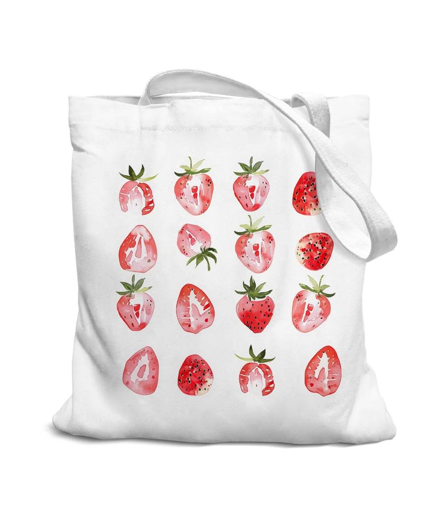 SZERE Pink Strawberry Cute Canvas Tote Bag for Women, Strawberry Themed Gifts Tote Bag for Women Teens Teen Girls, Girls Tote Bags, Cute Small Work Travel Shopping Tote Bags Grocery Reusable Bags