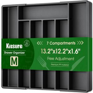 Kitsure Silverware Organizer for Drawers - Expandable Cutlery and Utensil Drawer Organizer with Easy Maintenance, Premium PP Kitchen Organizers and Storage for Flatware, Black, 13.2" x 12.2" x 1.6" (Medium)