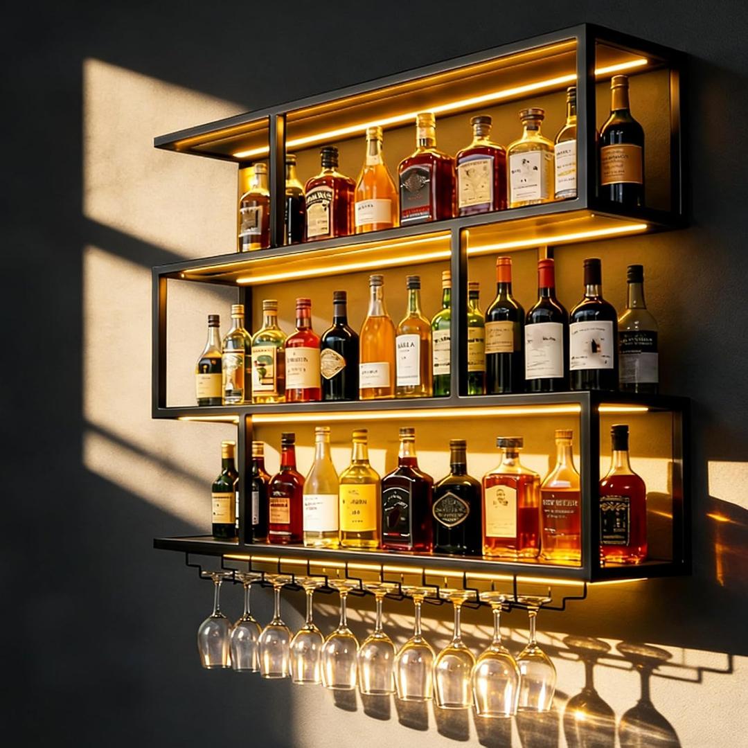 47.2IN Large Wall Mounted Wine Rack with LED Light,Metal 4 Tier Floating Wine Shelf with Glass Holder,Industrial Bar Shelf Wall Mounted Liquor Shelf Wall Mounted for Home Bar (Black 47.2in/120cm)