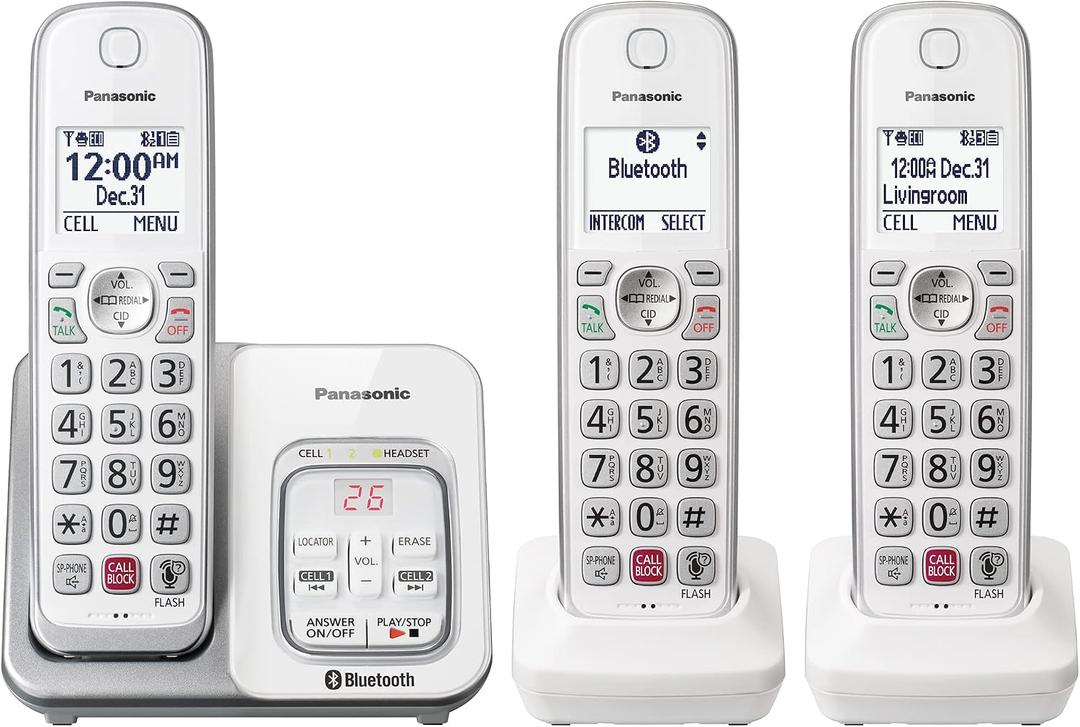 Panasonic Cordless Phone with Answering Machine, Link2Cell Bluetooth Home Phones, Voice Assistant and Advanced Call Blocking, Expandable System with 3 Handsets - KX-TGD863W (White)