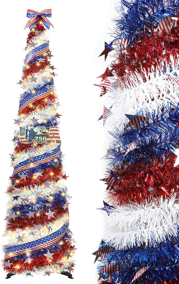 HMASYO 4th of July Decorations 6 FT Pop Up Patriotic Tinsel Tree with 100 Timer Lights – USA 250th Anniversary Decorations Merchandise Collapsible Pencil Tree for Home Office Independence Day Decor