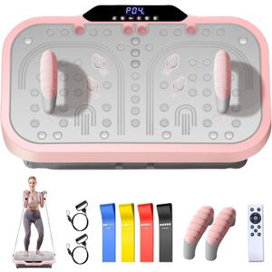 Vibration Plate Exercise Machine, Vibrating Fitness Platform Whole Body Shake Board Workout Equipment Fat Burner Vibrate Stand with Bluetooth Resistance Bands for Women Men Home Sport Gym-Pink