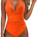 SUUKSESS Women Sexy Tummy Control One Piece Swimsuits Halter Push Up Bathing Suits (Medium, #1 Orange)