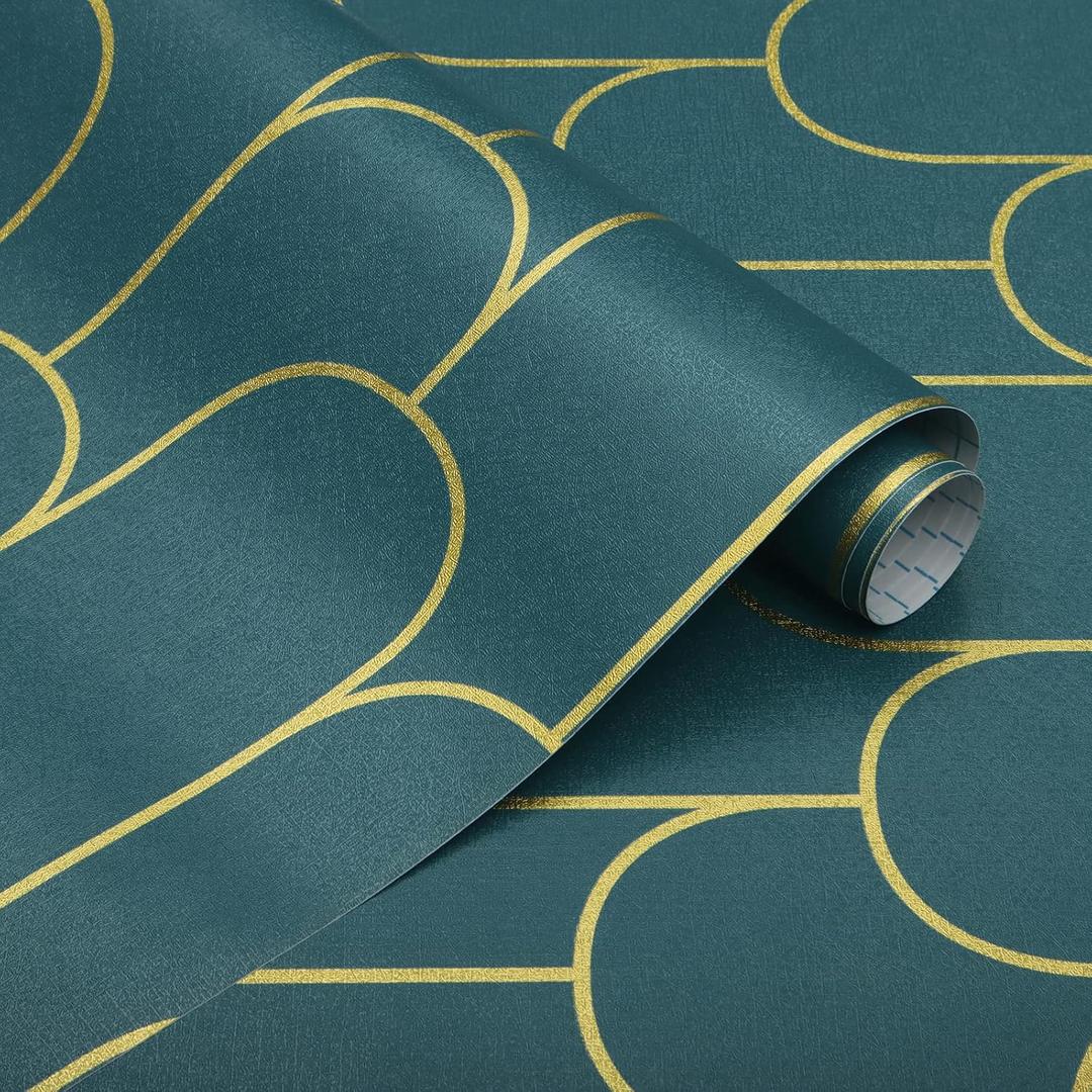 Yasinet Peel and Stick Wallpaper Green and Gold Wallpaper Dark Green Contact Paper Modern Geometric Removable Self Adhesive Wall Paper for Bedroom/Cabinet Waterproof for Bathroom Vinyl 197" x 17.3"