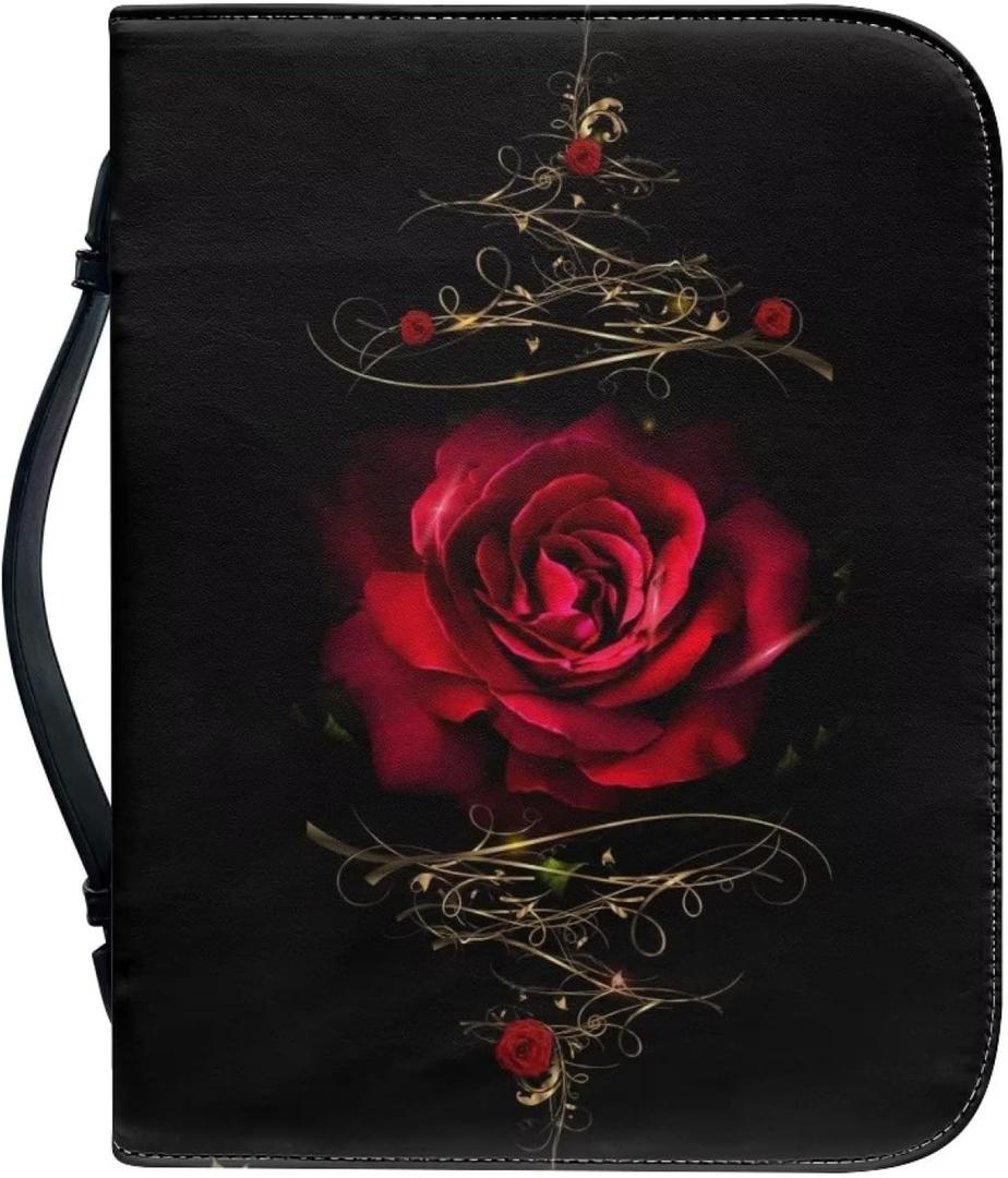 Talayituse Red Rose Floral Pattern Faux Leather Bible Cover for Men Boys Women Girls Christian Bible Case with Handle Carrying Book Case Protector Bible Tote Handbag Gifts, M