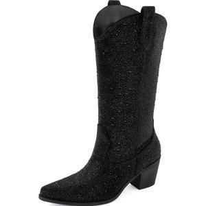 MISSMILLER Womens Rhinestone Cowboy Boots Mid Calf Pointed Toe Sparkly Block Heel Cowgirl Boots with Pull On Tabs (11, Sparkly Black Zipper)