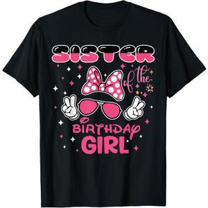 Sister Of The Birthday Girl Cute Pink Bow Family Matching T-Shirt (Small, Black)